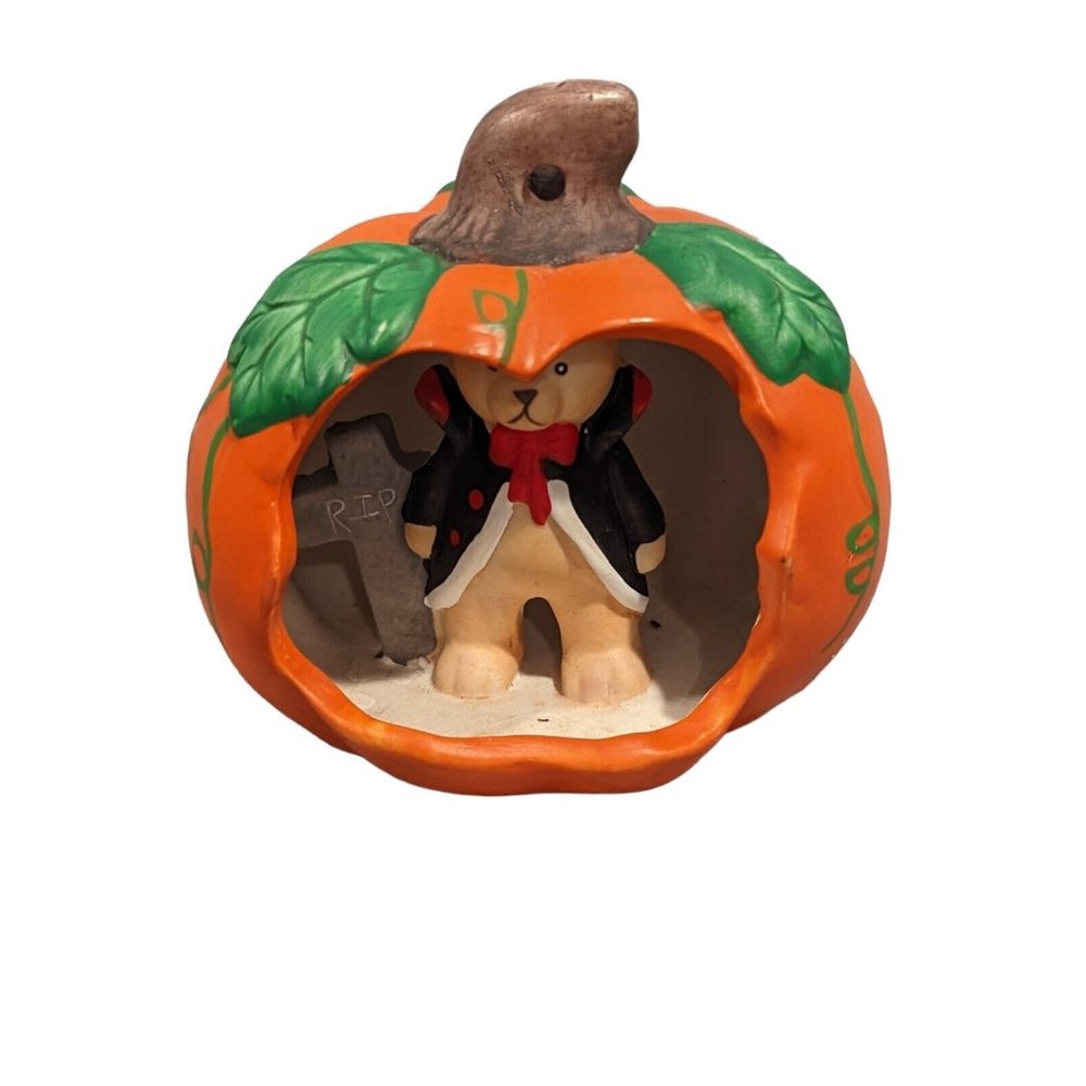 Vintage Diorama Ceramic Pumpkin Halloween Decoration Bear Vampire Autumn Rare